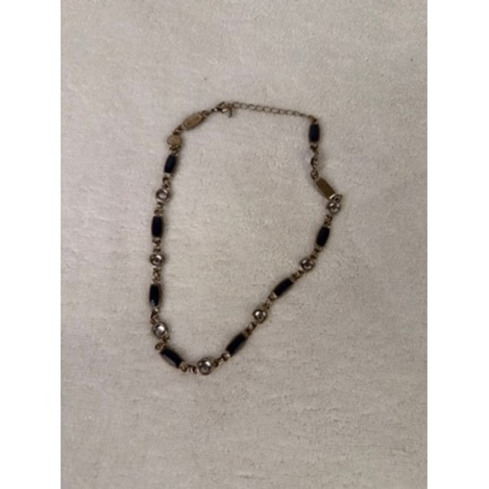 Gold Tone Black Enamel and Crystal Link Chain Necklace Adjustable Length